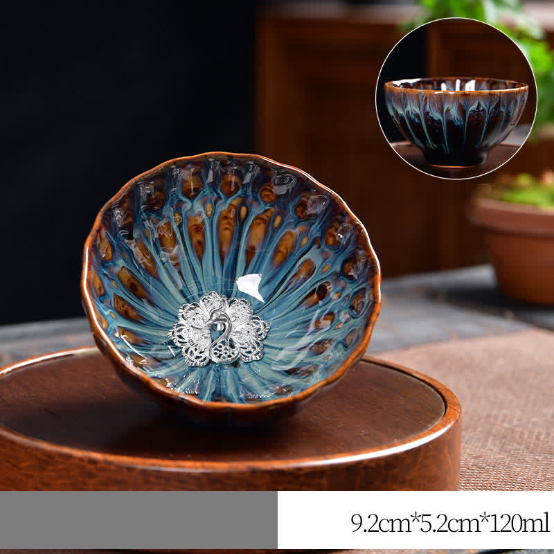 Tazas de té de cerámica con incrustaciones de Buddha Stones , loto, pavo real, dragón, fénix, pez koi, 120 ml - Plata - Pavo real - image 18