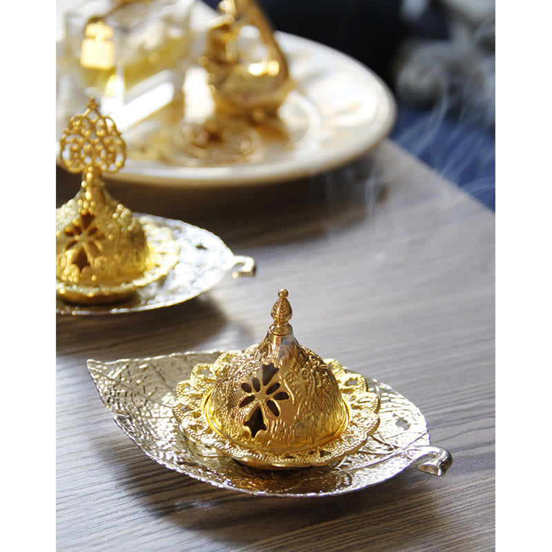 Quemador de incienso de meditación con posavasos de mini hojas de oro tibetano