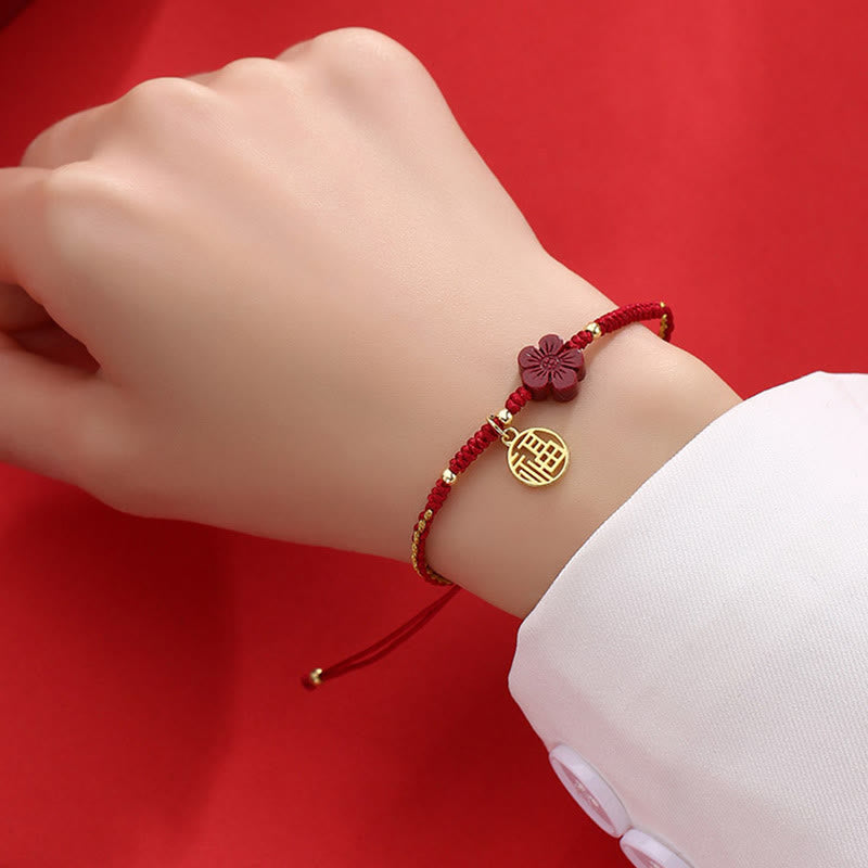 Pulsera de hilo trenzado con Buddha Stones, flor de cinabrio, carácter Fu, bendición