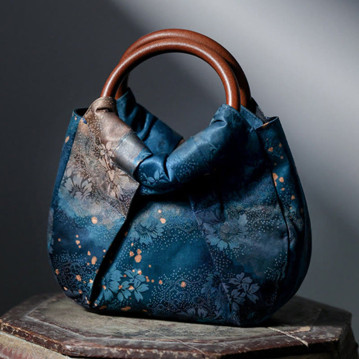 Bolso de mano con asa de madera azul con flor de jacquard hecho a mano con Buddha Stones