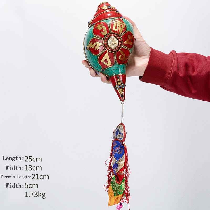 Tibetano hecho a mano Shankha Om Mani Padme Hum Buda Avalokitesvara turquesa Concha decoración positiva - Om Mani Padme Hum-Avalokitesvara de cuatro brazos 25*13cm - image 26