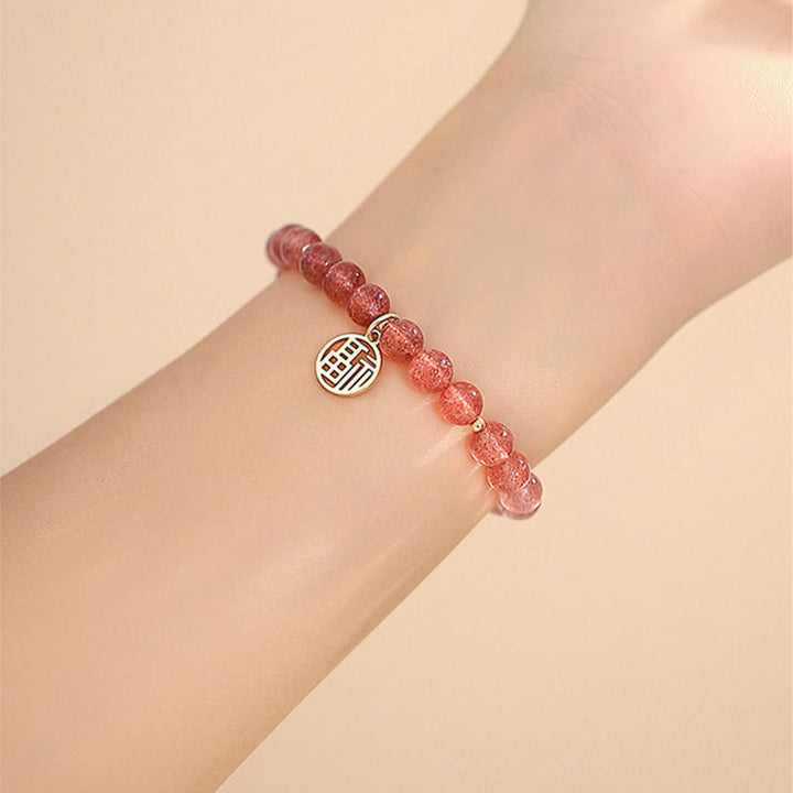 Pulsera con dije curativo de personaje Fu de cuarzo fresa chapado en oro de 14 quilates con Buddha Stones