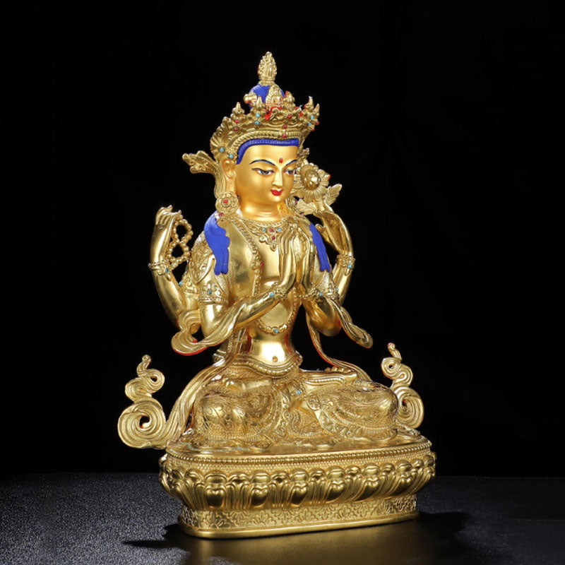 Chenrezig-Estatua chapada en oro y cobre con protección Avalokitesvara de cuatro brazos, decoración