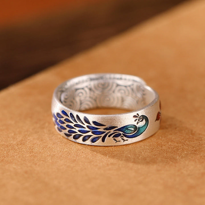 Anillo de plata de ley 999 con Buddha Stones , diseño de pavo real, nubes propicias, flor de loto grabada