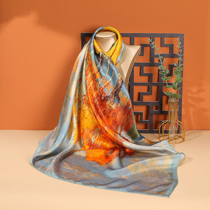 Buddha Stones Pintura al óleo Ciudad Escena de nieve Castillo Loto 100% Seda de morera Cuello Bufanda para el cabello - Pintura al óleo - image 0