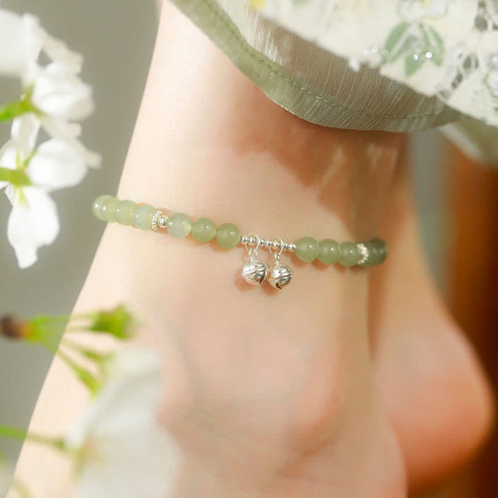 Tobillera con colgante de campana de prosperidad de jade hetiano natural de plata de ley 925