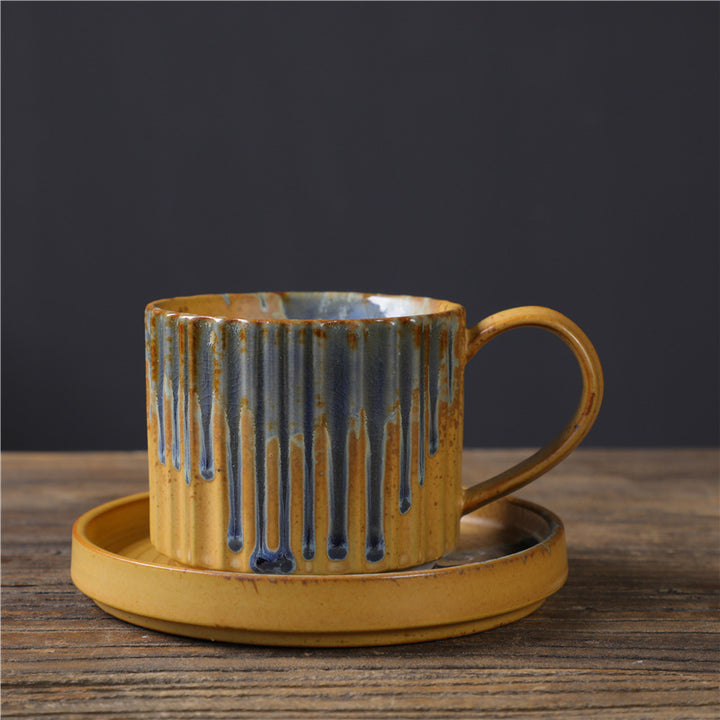 Taza de café de cerámica con cambio de horno a rayas Retro de Buddha Stones, taza de café y té de cerámica rugosa con platillo de 250ml