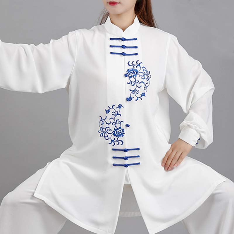 Buddha Stones Conjunto de ropa unisex para práctica de meditación, oración, tai chi y qigong con bordado de flores - US12, UK/AU16, EU44 (3XL) - image 0
