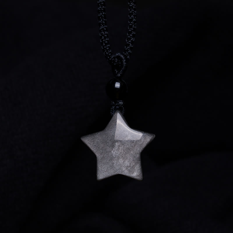 Colgante de collar de protección de luna creciente con estrella de obsidiana brillante de plata natural con Buddha Stones
