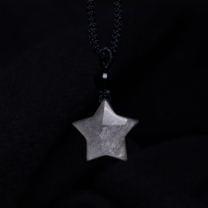 Colgante de collar de protección de luna creciente con estrella de obsidiana brillante de plata natural con Buddha Stones