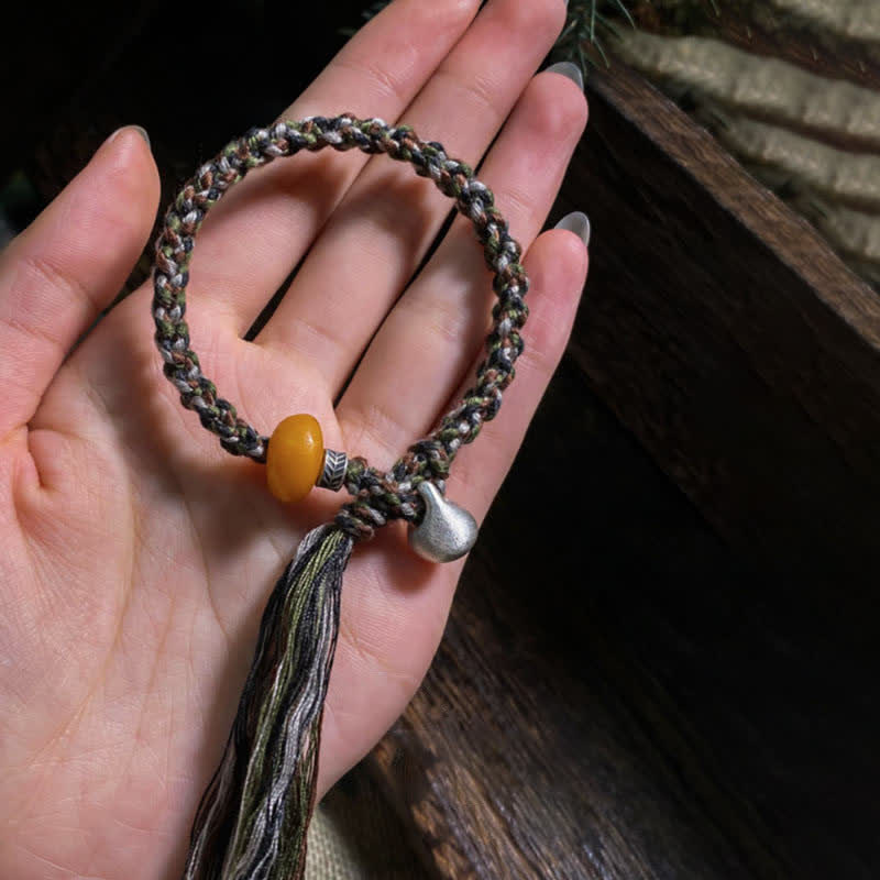 Pulsera de protección de deseos de peso de acero de ámbar hecho a mano tibetana de plata de ley 990