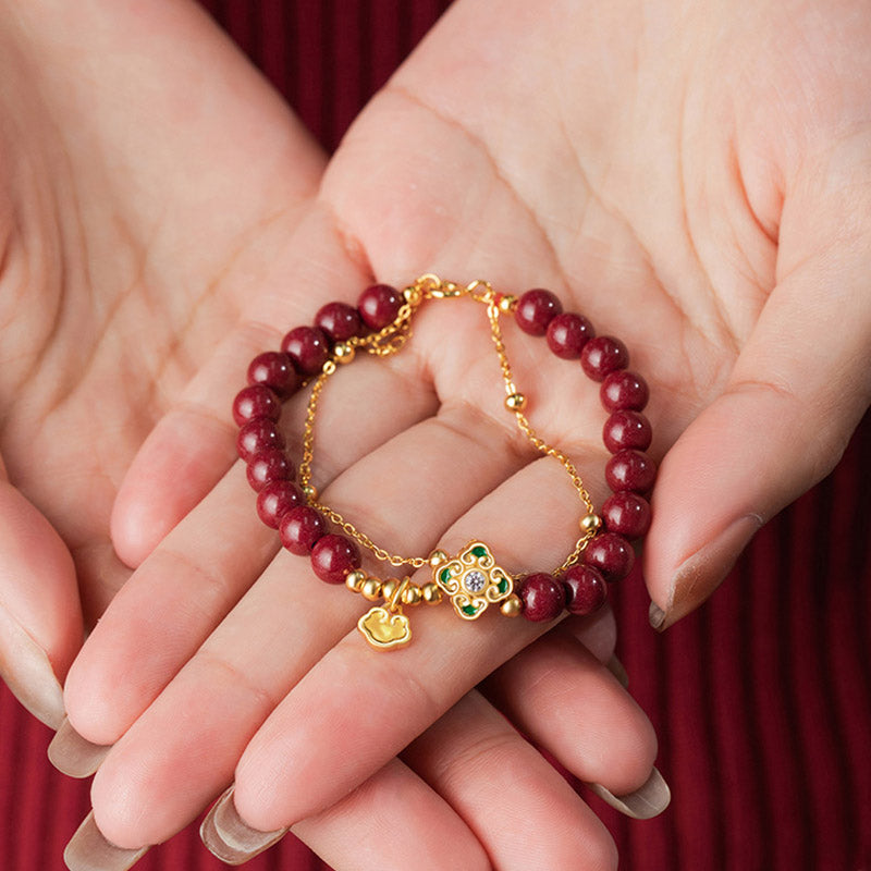Pulsera de cadena de bendición de flores de trébol de cuatro hojas de cinabrio natural de plata de ley 925 con Buddha Stones