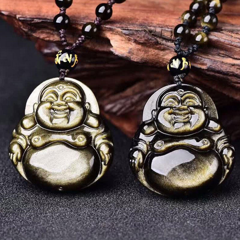 Colgante de collar de riqueza de obsidiana con brillo dorado de Buda sonriente con Buddha Stones - image 2