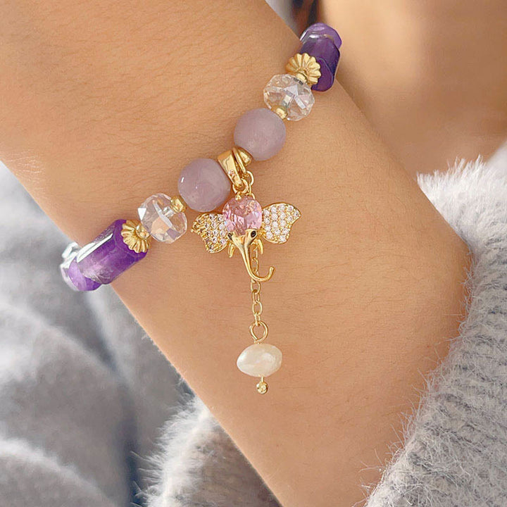 Pulsera con dije de elefante positivo, Buddha Stones , amatista, aventurina verde, cuarzo fresa