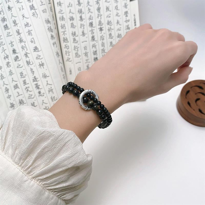 Pulsera de doble capa de obsidiana negra de plata de ley 999 con Buddha Stones