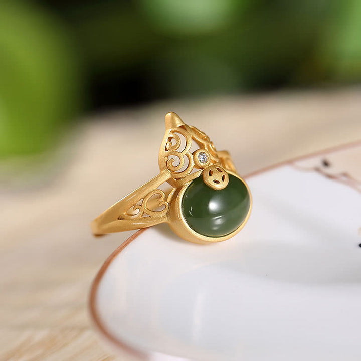 Anillo ajustable de la suerte del éxito de la moneda de cobre del jade cian de la calabaza de las Buddha Stones
