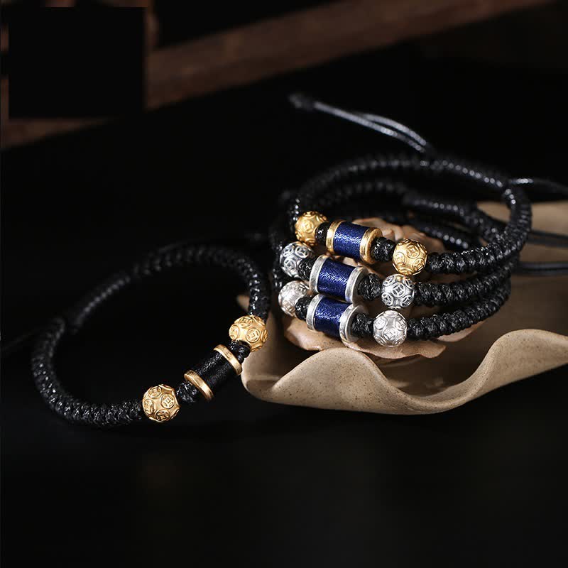 Pulsera de hilo trenzado con cuentas de moneda de cobre y plata de ley 999 con Buddha Stones