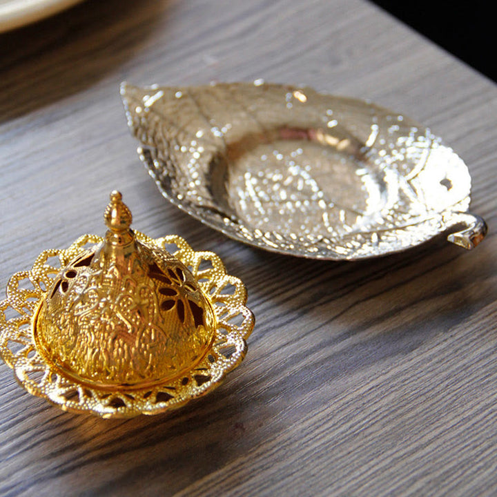 Quemador de incienso de meditación con posavasos de mini hojas de oro tibetano
