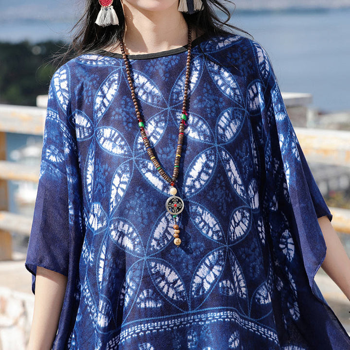 Buddha Stones flor azul índigo teñido chal borlas acogedor jersey 90*95 cm