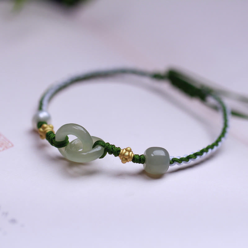 Pulsera trenzada de la suerte con hebilla de paz doble de jade hetiano de plata de ley 925 con Buddha Stones