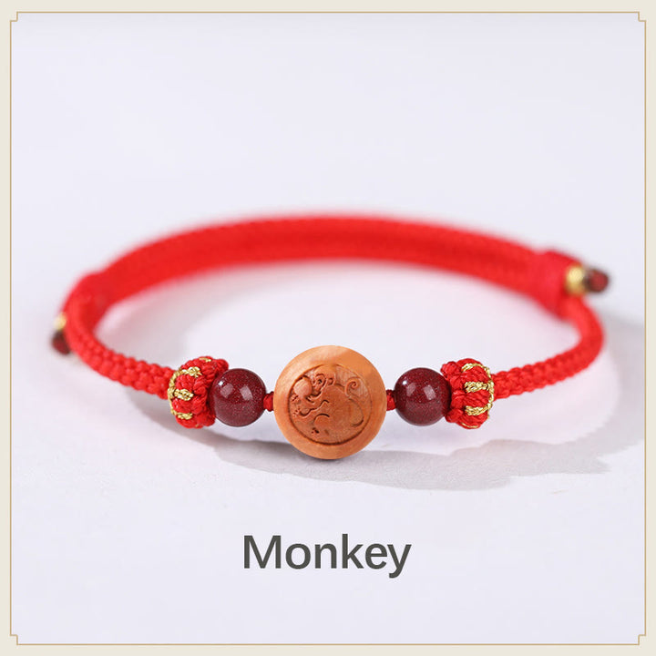 Pulsera de riqueza de cinabrio tallada con carácter del zodíaco chino, madera de melocotón Natural, Buddha Stones