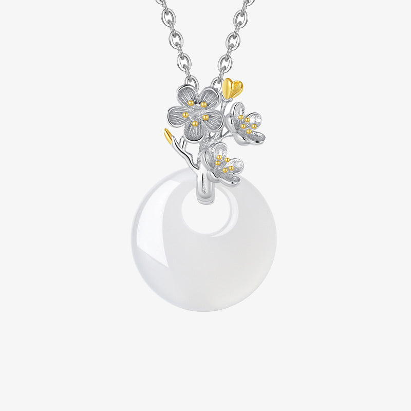 Colgante de collar de armonía de flores de doce meses de calcedonia redonda de plata de ley 925 con Buddha Stones
