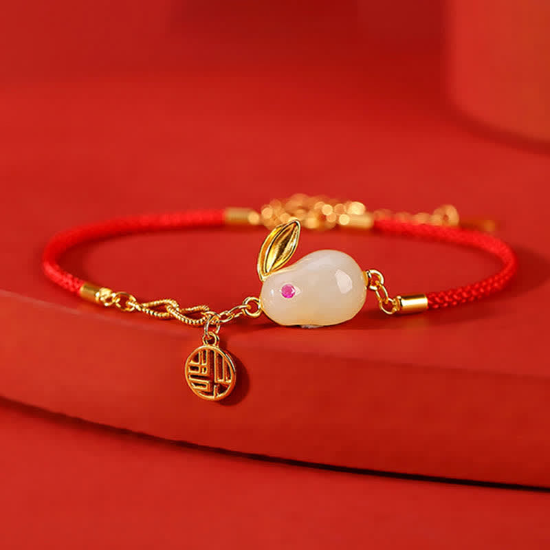 Pulsera de hilo rojo con bendición de la suerte de jade blanco hetiano del año del conejo de plata de ley 925