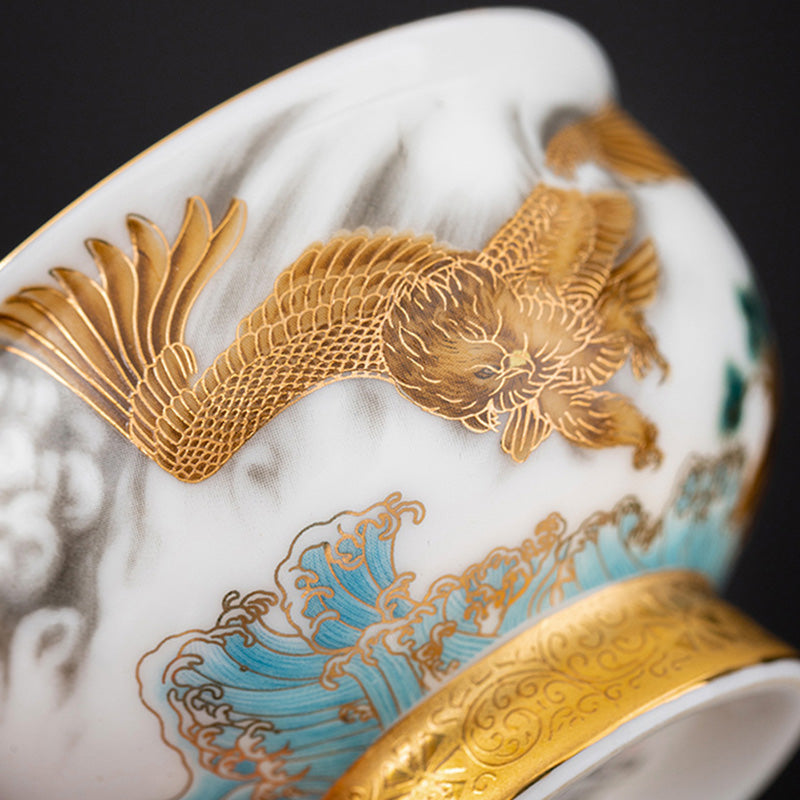 Taza de té de cerámica dorada con Buddha Stones, águila dorada, dragón auspicioso, sol, olas del océano, taza de té de Kung Fu