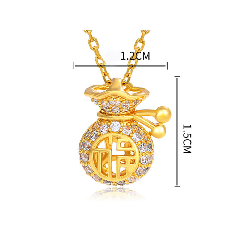 Collar con colgante de bolsa de dinero de la fortuna con personaje Fu chapado en oro de 24 quilates