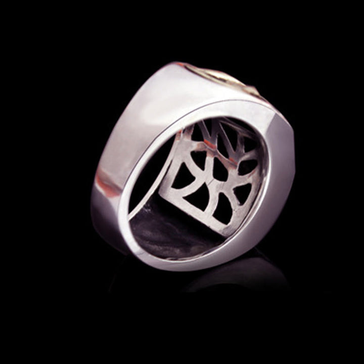 Anillo ajustable de protección tallada con diseño sánscrito de plata de ley 925 con Buddha Stones