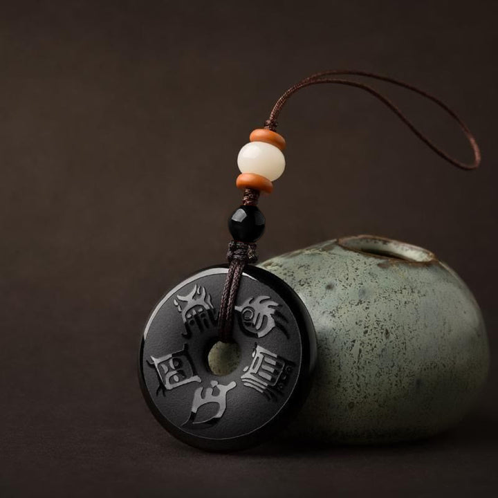Buddha Stones Obsidiana Negra Taoísmo Cinco Montañas Sagradas Talladas Fuerza Paz Hebilla Collar Colgante Llavero Teléfono Colgante Decoración