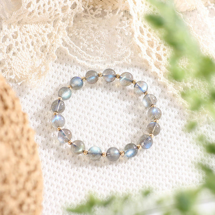 Pulsera de amor curativa con piedra lunar natural chapada en oro de 14 quilates con Buddha Stones