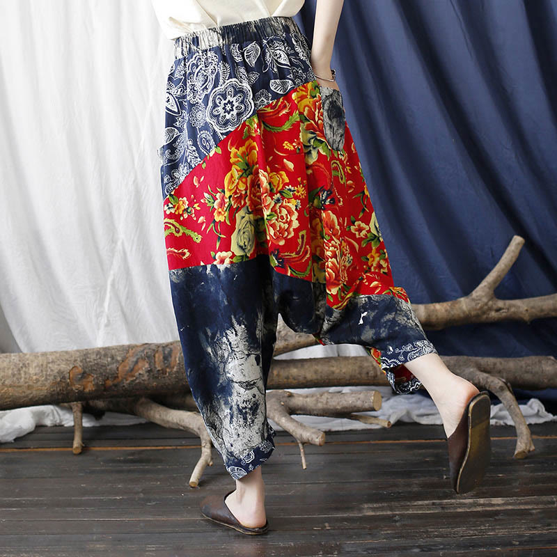 Pantalones bombachos de lino y algodón con retazos de flores de peonía azul y rojo con Buddha Stones y bolsillos