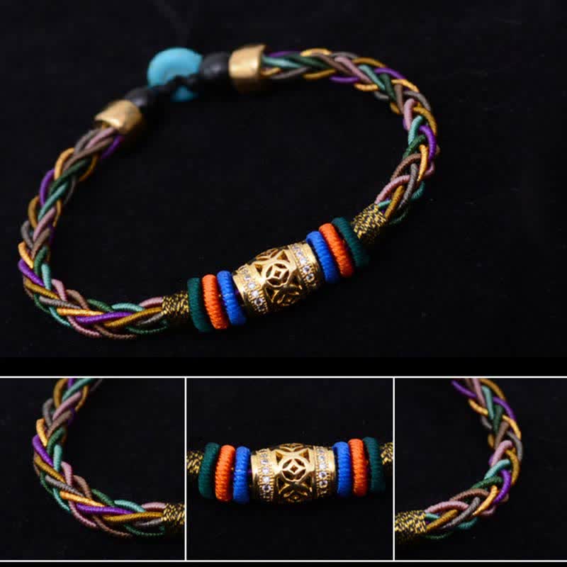 Pulsera de cuerda tejida con moneda de cobre hecha a mano con nudo de ocho hilos, Buddha Stones tibetanas