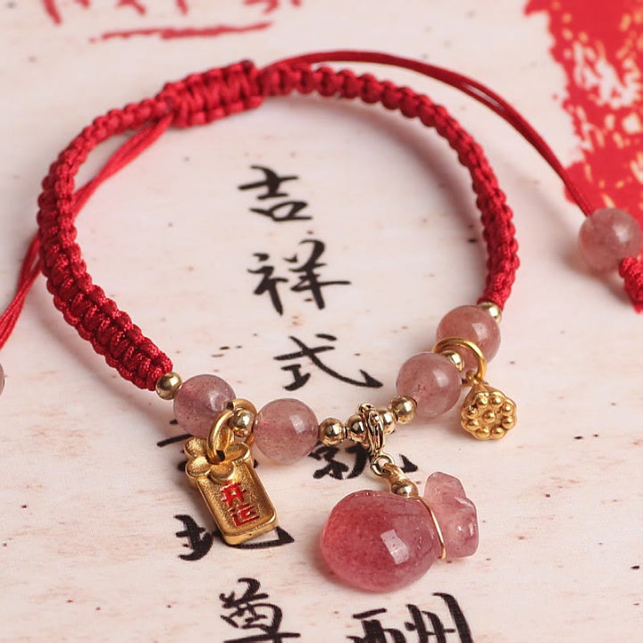 Pulsera trenzada de hilo rojo con Buddha Stones, bolsa de dinero de cuarzo fresa Natural, amuleto curativo de loto