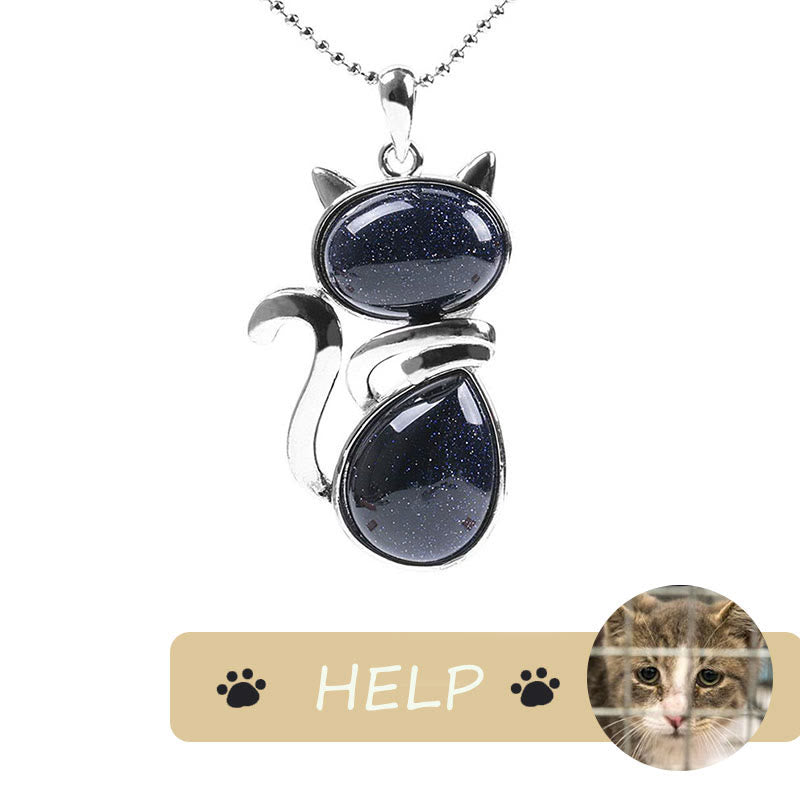 &quot;Save A Cat&quot; Lindo patrón de gato Protección de cristal natural Collar con colgante amante de los gatos