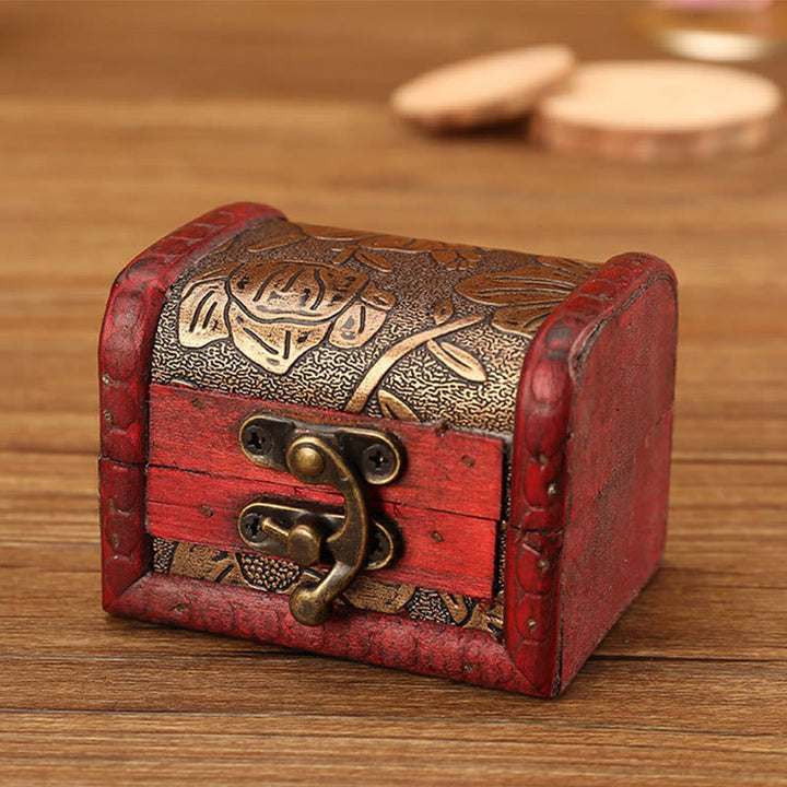 Caja de joyería de madera pequeña Retro con Buddha Stones , caja de almacenamiento de joyería con flor de hierba Narciso, moneda de cobre, uva dorada de loto