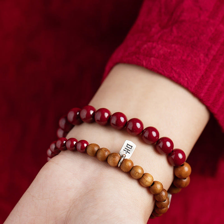 Pulsera de cinabrio de madera de melocotón de plata de ley 925 con Buddha Stones para protegerse de los malos espíritus