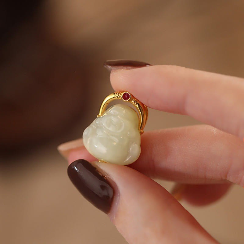Buddha Stones de Plata de Ley 925, colgante de collar de cadena de abundancia de Buda sonriente de Jade Hetiano Natural