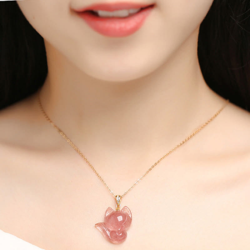 Collar con colgante de plata de ley 925 chapado en oro de 14 quilates con Buddha Stones , cuarzo fresa y zorro