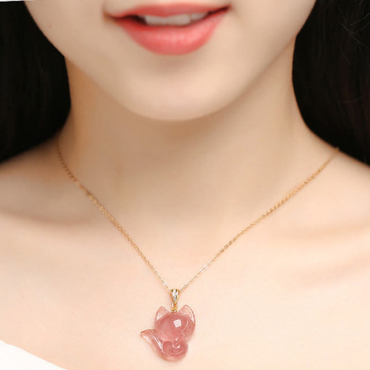 Collar con colgante de plata de ley 925 chapado en oro de 14 quilates con Buddha Stones , cuarzo fresa y zorro