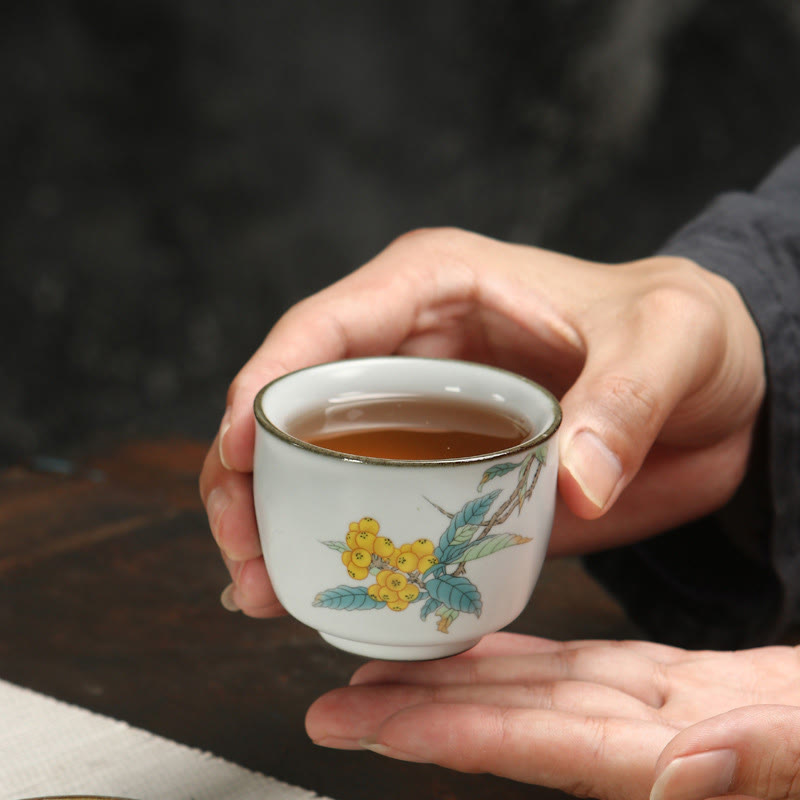 Taza de té de cerámica con Buddha Stones , níspero, lichi, paisaje nevado, uva, manzana, taza de té de Kung Fu