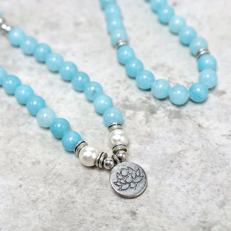 Buddha Stones Pulsera de Mala de Loto Curativo de Piedra Amazonita Natural