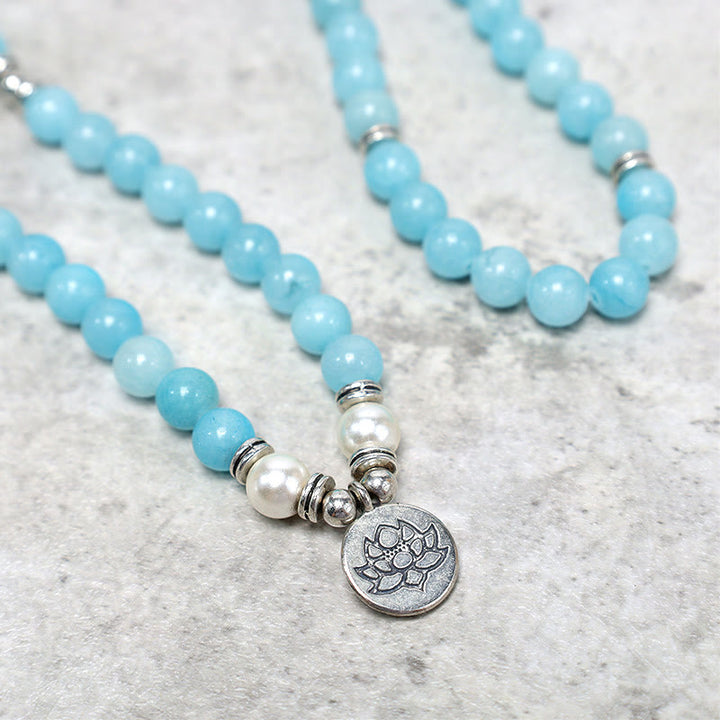 Buddha Stones Pulsera de Mala de Loto Curativo de Piedra Amazonita Natural