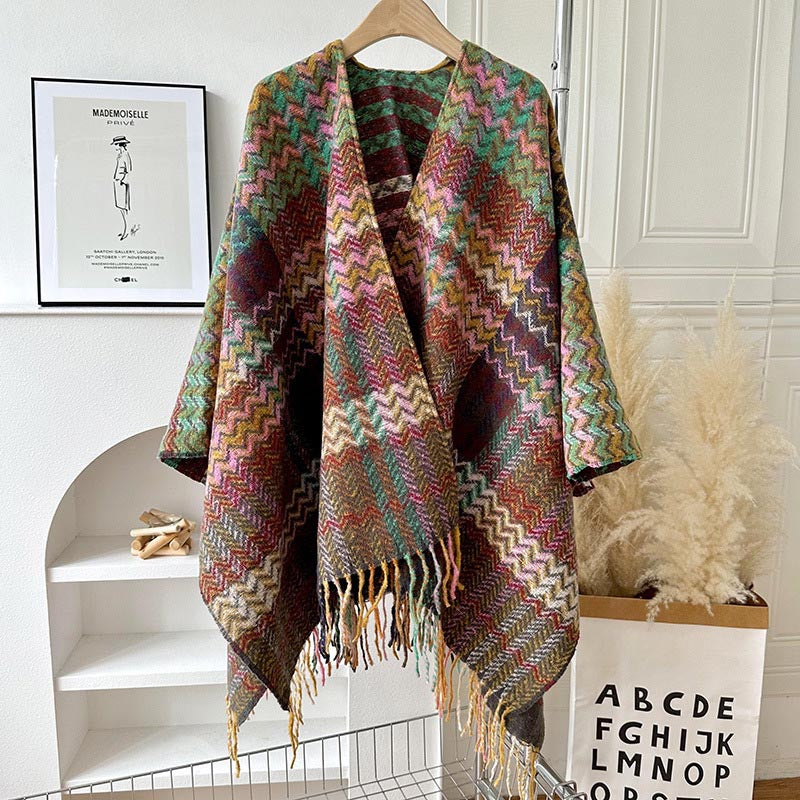 Chal tibetano con Buddha Stones , coloridas formas onduladas a rayas, borlas, bufanda de viaje acogedora para invierno