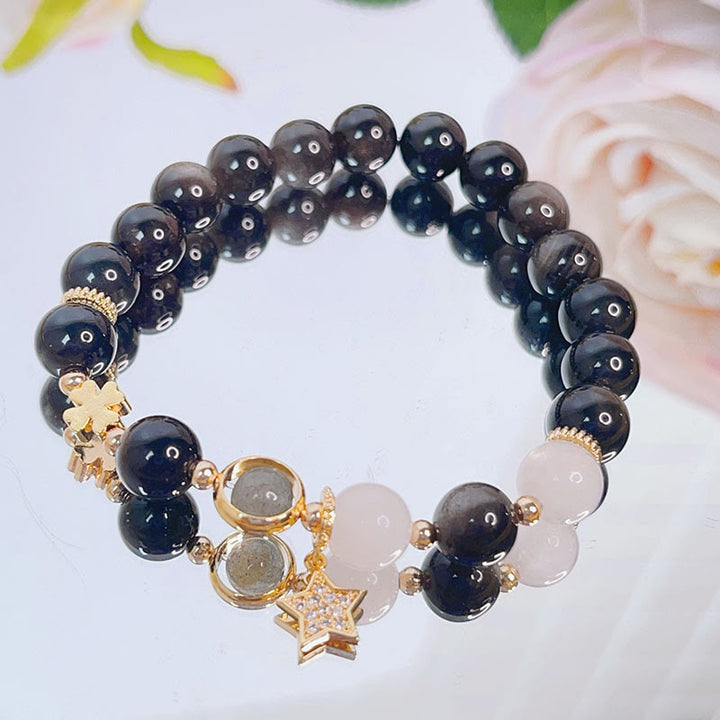 Pulsera de protección de flor de estrella de corazón de amor de obsidiana con brillo de plata natural de Buddha Stones