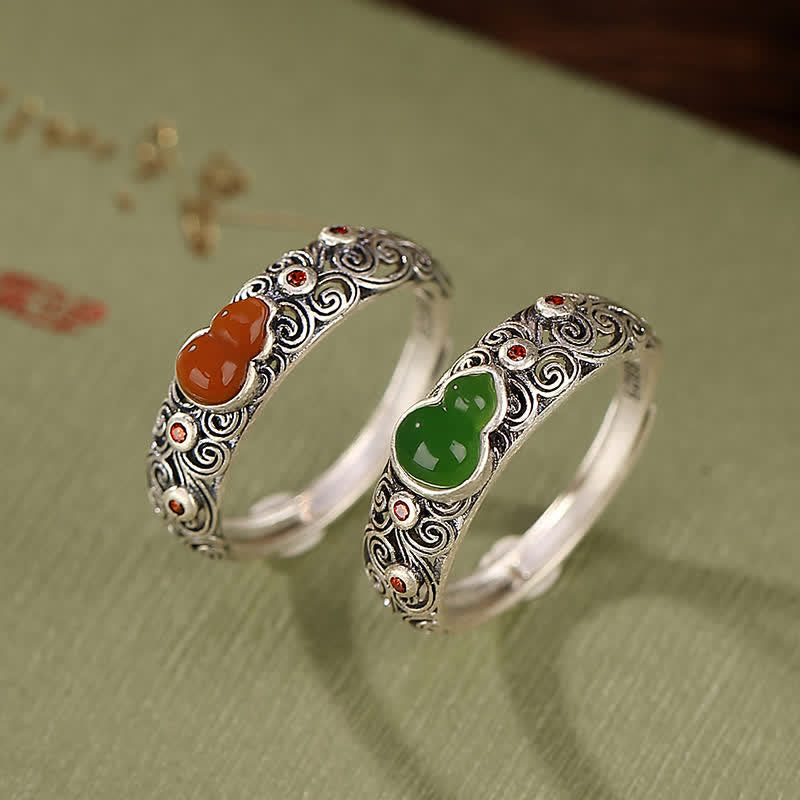 Anillo auspicioso de bendición de calabaza de jade cian de ágata roja de plata de ley 925