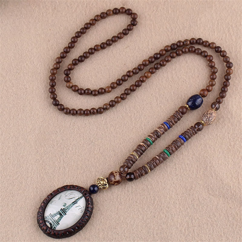 Colgante de collar de protección de elefante de ágata de semilla Bodhi de madera de wengué tibetano con Buddha Stones
