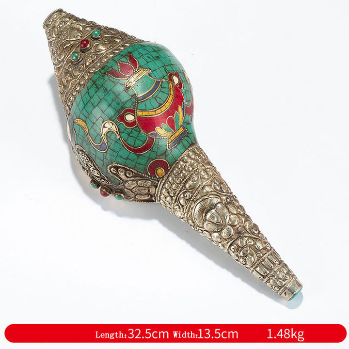 Tibetano hecho a mano Shankha Om Mani Padme Hum Buda Avalokitesvara turquesa Concha decoración positiva - Jarrón de ocho símbolos auspiciosos (32,5 x 13,5 cm) - image 27