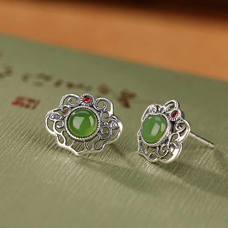 Juego de pendientes de anillo de la suerte con diseño hueco de jade cian hetiano natural de plata de ley 925 con Buddha Stones